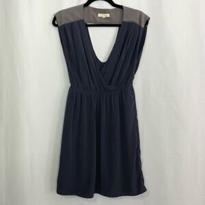 Lush Blue & Grey Open Back Deep V-Neck Dress Womens S Fit & Flare Party Mini